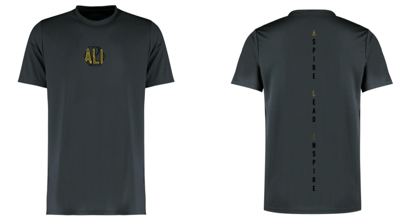Black t-shirt with 'ALI' logo on front and motivational text on back, displayed from front and back views.