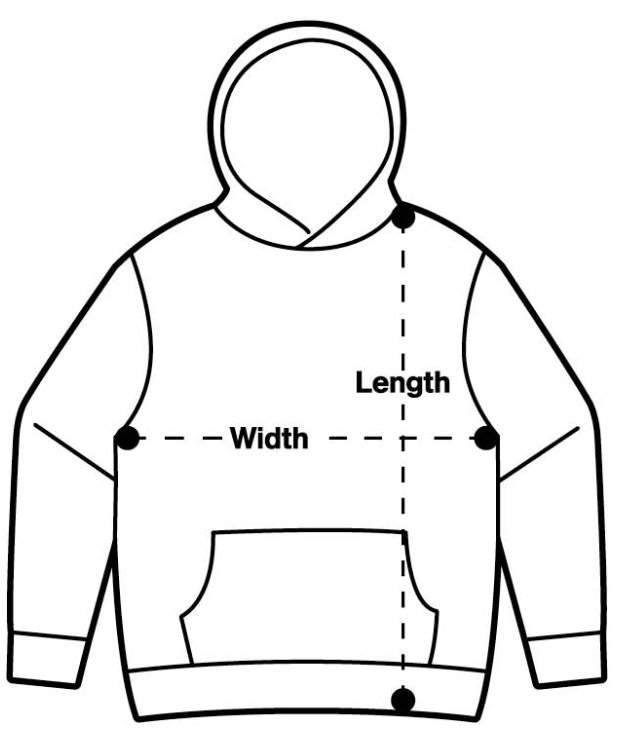 Measurement chart for a hoodie with dimensions labeled and size chart on the side.