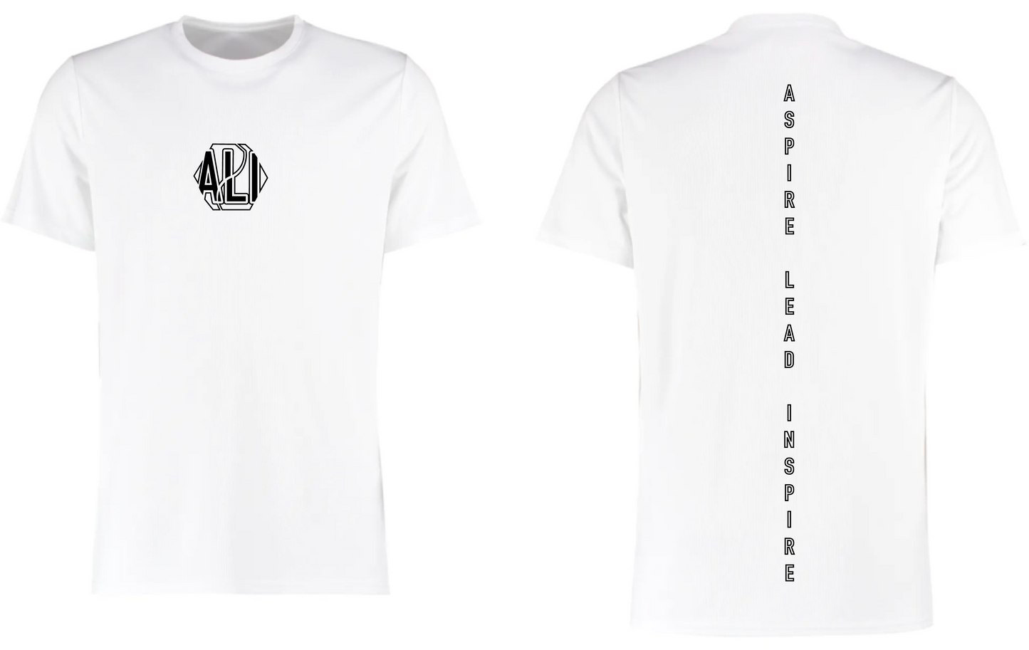 White t-shirt with black logo and text on front and back