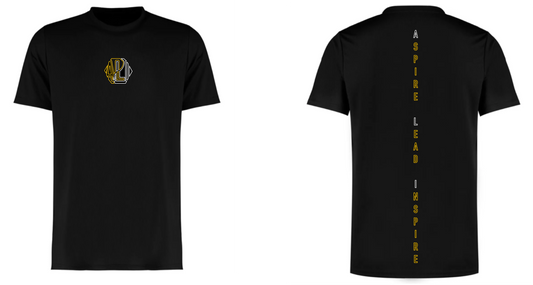 Black t-shirt with a logo on the left chest and text on the back